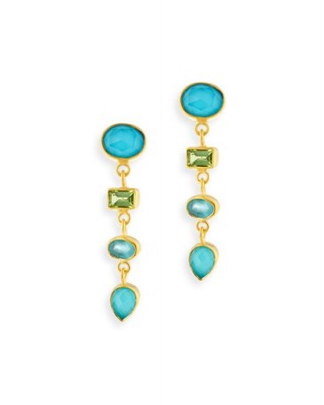 Dina Mackney Multi-Stone Linear Drop Earrings. 18-karat yellow gold vermeil jewellery | turquoise peridot apatite & amazonite | blue & green stones | stone jewelry - flipped