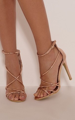 Pretty Little Thing Duaya Rose Gold Metallic Multi Strap Heeled Sandals – Party shoes – strappy high heels – ankle straps – glamorous footwear - flipped