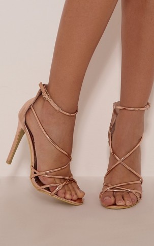 Pretty Little Thing Duaya Rose Gold Metallic Multi Strap Heeled Sandals – Party shoes – strappy high heels – ankle straps – glamorous footwear