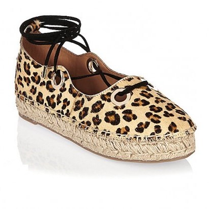 River Island Ecru leopard print leather espadrilles – animal prints – ankle wraps – lace up ankle ties – summer shoes – holiday flats – flat espadrille – leopard spots - flipped