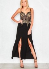 MISSY EMPIRE ELODIE BLACK AND GOLD LACE DETAIL MAXI DRESS. Low cut | plunge front necklines | long party dresses | evening wear | going out glamour | plunging neckline