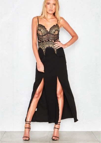 MISSY EMPIRE ELODIE BLACK AND GOLD LACE DETAIL MAXI DRESS. Low cut | plunge front necklines | long party dresses | evening wear | going out glamour | plunging neckline - flipped