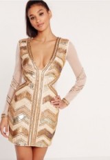 MISSGUIDED – premium embellished chevron plunge bodycon dress gold. Plunging party dresses | plunge front occasion wear | luxe evening fashion | deep V neckline