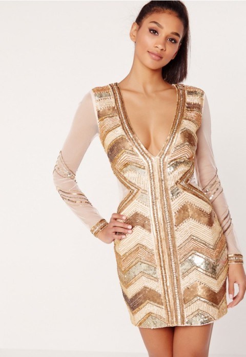 MISSGUIDED – premium embellished chevron plunge bodycon dress gold. Plunging party dresses | plunge front occasion wear | luxe evening fashion | deep V neckline - flipped