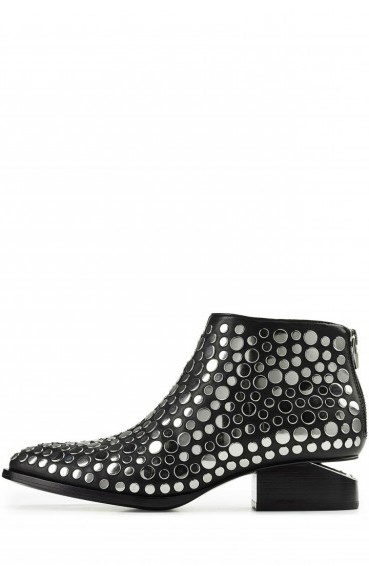 ALEXANDER WANG Silver Stud Embellished Leather Ankle Boots in black – designer footwear – statement accessories – zipped back – cut out heels – studded - flipped