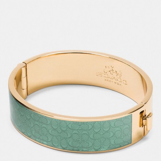COACH ~ ENAMEL signature wide hinged bangle in gold/seaglass. Green jewellery | jewel tone bracelets | thick bangles - flipped