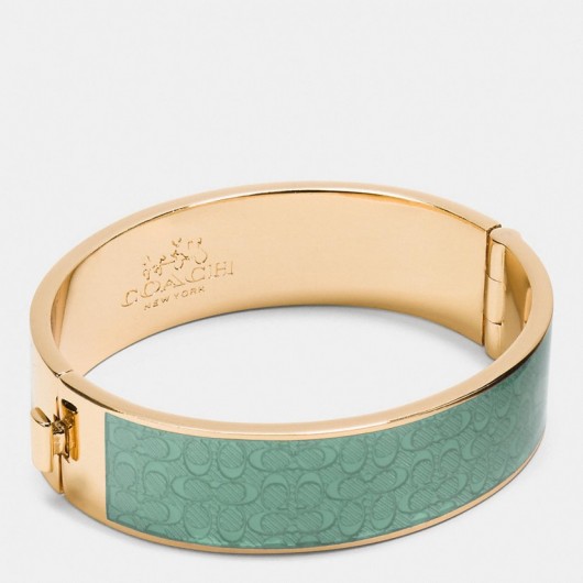 COACH ~ ENAMEL signature wide hinged bangle in gold/seaglass. Green jewellery | jewel tone bracelets | thick bangles