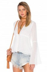 ENDLESS ROSE ~ WOVEN LONG SLEEVE V NECK BLOUSE in white. Plunge front blouses | deep V neckline | low cut tops | plunge front necklines | summer style | boho | holiday fashion