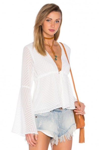 ENDLESS ROSE ~ WOVEN LONG SLEEVE V NECK BLOUSE in white. Plunge front blouses | deep V neckline | low cut tops | plunge front necklines | summer style | boho | holiday fashion - flipped