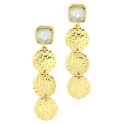Feather & Stone Gold Sirini Moonstone Earrings. 22kt gold plated drop earrings | fashion jewellery | hammered coins | coin jewelry | disc | round | moonstones | glamour | glamorous accessories - flipped