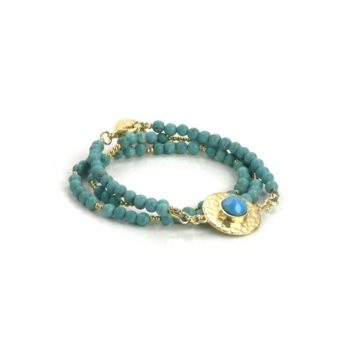 Feather & Stone Turquoise Skala Wrap Bracelet. Blue beaded bracelets | 22kt gold plated fashion jewellery | summer jewelry | holiday accessories - flipped