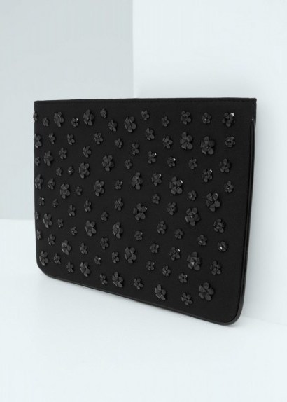 MANGO – FLORAL APPLIQUES CLUTCH BAG in BLACK ~ flower embellished handbags ~ pretty bags - flipped