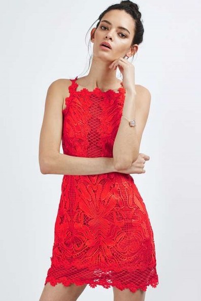 Topshop Floral Lace Bodycon Dress coral ~ party dresses ~ flower designs ~ evening fashion ~ scalloped edging - flipped