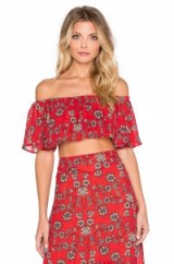 FOR LOVE & LEMONS PIA CROP TOP red – as worn by Vanessa Hudgens on Instagram with a matching midi skirt, June 2016. Celebrity fashion | summer star style tops | off the shoulder | cropped | floral