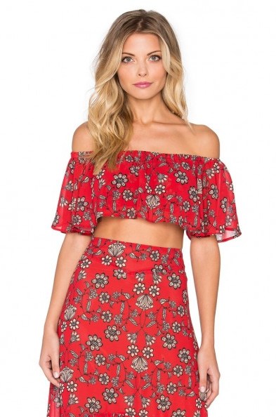 FOR LOVE & LEMONS PIA CROP TOP red – as worn by Vanessa Hudgens on Instagram with a matching midi skirt, June 2016. Celebrity fashion | summer star style tops | off the shoulder | cropped | floral - flipped