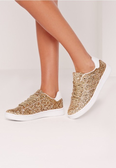 Missguided glitter tennis trainer gold. Sports shoes | casual footwear | weekend style | luxe looks | fashion accessories - flipped