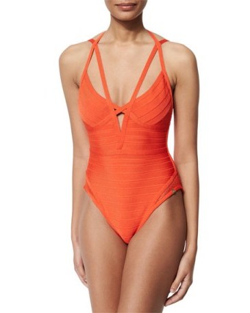Herve Leger Bandage One-Piece Monokini Swimsuit, Vermillion ~ designer swimswear ~ chic swimsuits ~ poolside fashion ~ strappy ~ cutout ~ beachwear ~ summer holiday ~ style on the beach ~ orange - flipped