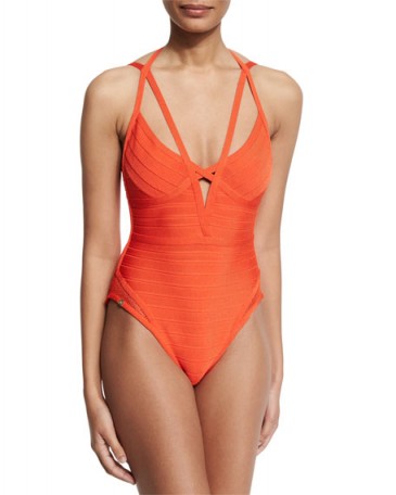 Herve Leger Bandage One-Piece Monokini Swimsuit, Vermillion ~ designer swimswear ~ chic swimsuits ~ poolside fashion ~ strappy ~ cutout ~ beachwear ~ summer holiday ~ style on the beach ~ orange