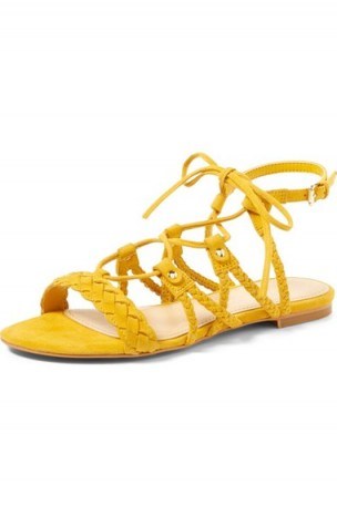 Ivanka Trump Catti Sandal in lemon suede. Summer flats | holiday sandals| flat yellow shoes | lace up ties | strappy - flipped