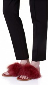 TIBI Jack Feather Slides in plum. Slide on shoes | slide ons | dark red feathers | fluffy flats | flat sandals
