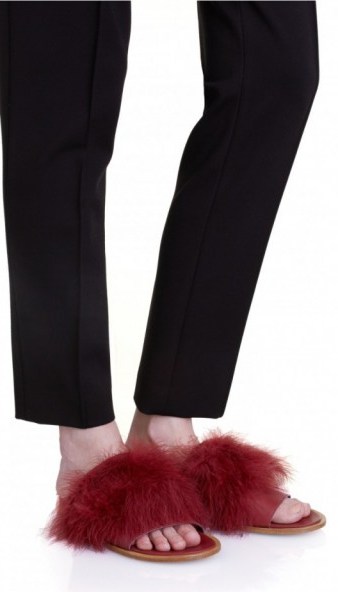 TIBI Jack Feather Slides in plum. Slide on shoes | slide ons | dark red feathers | fluffy flats | flat sandals - flipped