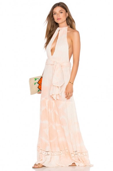 JEN’S PIRATE BOOTY – ATHENS DRESS in peach. Plunge front maxi dresses | summer style | holiday fashion | plunging necklines | deep V neckline | long length