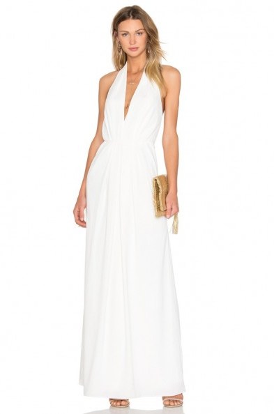 JILL JILL STUART V NECK PLEATED GOWN. Long white evening dresses | plunge front necklines | deep v neckline | occasion gowns | plunging event fashion | glamorous halterneck - flipped
