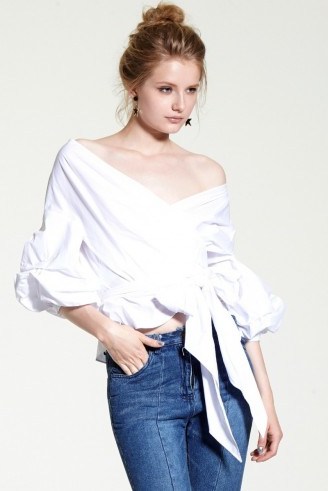 STORETS Jordyn Ruched Sleeve Wrap Blouse white. Off the shoulder tops | chic blouses | summer fashion - flipped