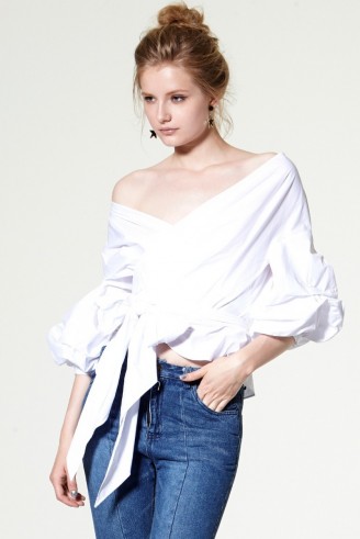 STORETS Jordyn Ruched Sleeve Wrap Blouse white. Off the shoulder tops | chic blouses | summer fashion