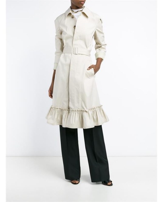 J.W.ANDERSON Ruffle Trench Coat beige ~ designer rain coats ~ feminine style ~ ruffled hemline ~ ruffles ~ statement macs - flipped