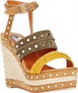 LANVIN Studded Platform Wedge Sandals. Ankle strap sandal | designer wedges | brown, khaki & yellow | studs | stud high heels | wedged holiday shoes | 70s style footwear | retro colours