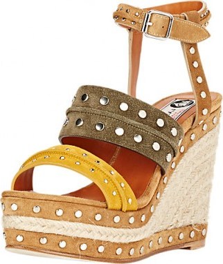 LANVIN Studded Platform Wedge Sandals. Ankle strap sandal | designer wedges | brown, khaki & yellow | studs | stud high heels | wedged holiday shoes | 70s style footwear | retro colours - flipped