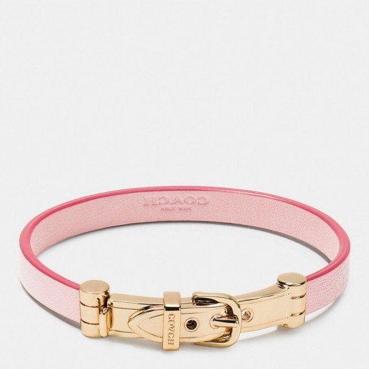 COACH ~ LEATHER buckle bracelet in gold/petal. Pink bracelets | belt style bangles | stacking jewellery | modern style - flipped