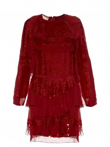 LANVIN Long-sleeved tiered sequin dress ~ red designer dresses ~ covered in sequins ~ luxury occasion fashion ~ dazzling dresses ~ shimmering evening wear - flipped