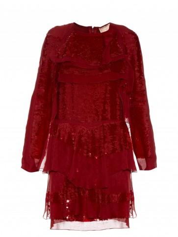 LANVIN Long-sleeved tiered sequin dress ~ red designer dresses ~ covered in sequins ~ luxury occasion fashion ~ dazzling dresses ~ shimmering evening wear