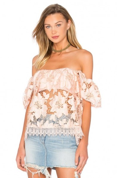 LOVERS + FRIENDS – LIFE’S A BEACH TOP in Papaya. Semi sheer tops | floral lace fashion | holiday clothing | summer style | off the shoulder - flipped