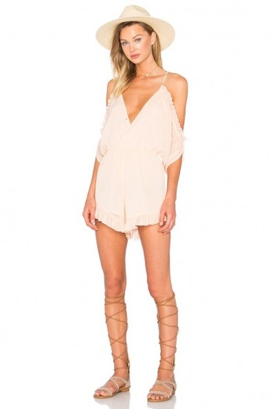 LOVERS + FRIENDS – MALIA ROMPER in Papaya. Cold shoulder playsuits | off the shoulder rompers | deep V neckline | plunge front necklines | summer fashion | holiday clothing | ruffles | ruffled edges - flipped