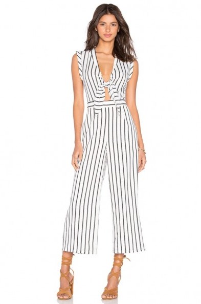 LUCY PARIS – FRONT TIE JUMPSUIT in Stripe. Summer jumpsuits | wide cropped leg | holiday fashion | plunge front | keyhole detail | plunging neckline | deep V necklines | stripes - flipped