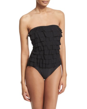 Magicsuit Leah Ruffle-Front Bandeau One-Piece Swimsuit black ~ chic poolside swimwear ~ strapless swimsuits ~ ruffled beachwear ~ ruffles ~ feminine beach fashion