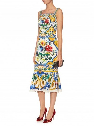 DOLCE & GABBANA Majolica-print charmeuse dress ~ statement Italian dresses ~ chic occasion fashion ~ bold prints ~ printed event wear ~ fitted with fluted hemline - flipped