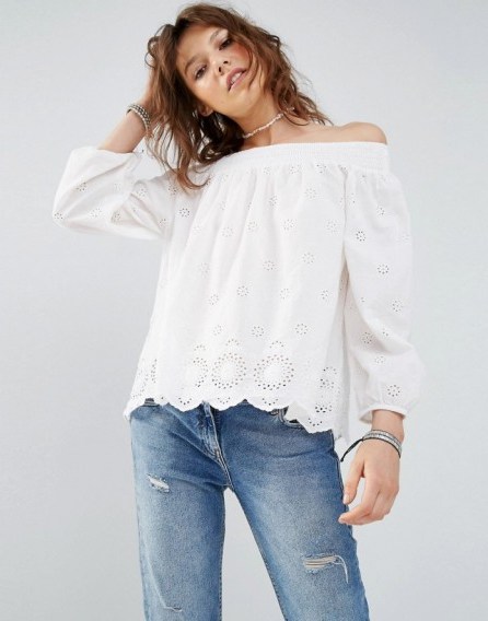 Mango Broderie Off Shoulder Smock Top white ~ off the shoulder style ~ summer tops ~ boho ~ casual holiday fashion - flipped