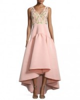 Marchesa Notte Sleeveless Floral-Embroidered High-Low Dress, Blush ~ pink occasion gowns ~ designer event dresses ~ feminine embroidery