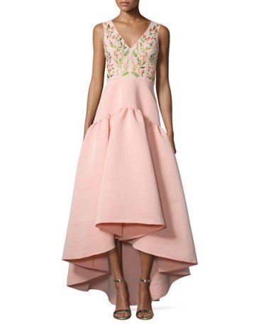 Marchesa Notte Sleeveless Floral-Embroidered High-Low Dress, Blush ~ pink occasion gowns ~ designer event dresses ~ feminine embroidery - flipped