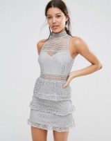 Missguided Premium Lace Tiered Dress grey – semi sheer party dresses – high neck evening wear – going out glamour – ruffled – feminine ruffles