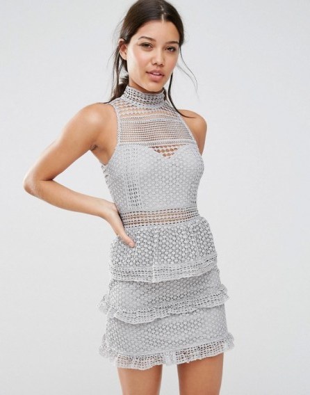 Missguided Premium Lace Tiered Dress grey – semi sheer party dresses – high neck evening wear – going out glamour – ruffled – feminine ruffles - flipped