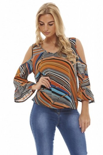 AX Paris MULTI COLOURED STRIPED CHIFFON TOP – summer tops – cold shoulder blouses - flipped
