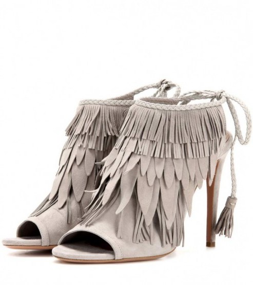 AQUAZZURA So Pocahontas 105 suede sandals – designer high heels – luxe style shoes – fringed – peep toe - flipped