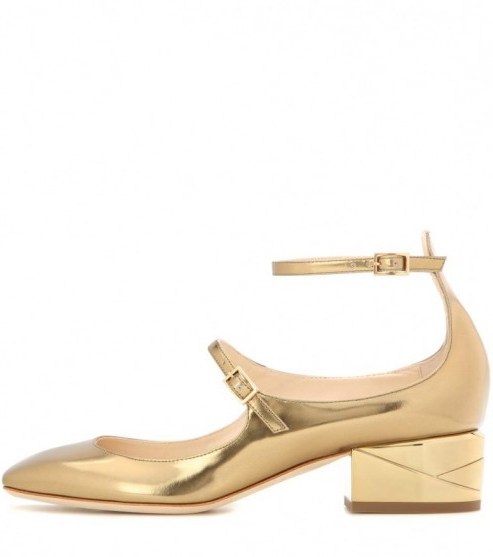 JIMMY CHOO Wilbur 40 patent leather pumps – gold metallic mary janes – ankle strap mary jane shoes – designer accessories – luxe style – mid block heel - flipped