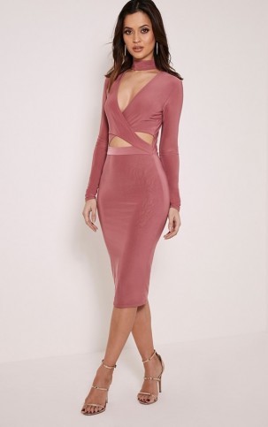 Pretty Little Thing Nadeena Rose Neck Detail Cut Out Midid Dress – glamorous party dresses – going out glamour – evening fashion – plunge front neckline