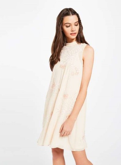 Miss Selfridge nude embellished trapeze dress – going out dresses – party fashion ~ floral embellishments - flipped